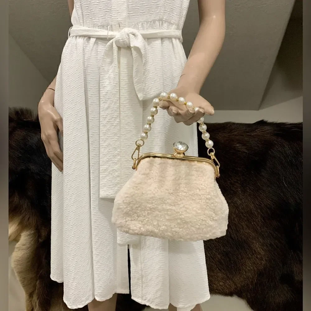 2 Chain Styles Handmade Real Shearling Push lock Clutch/Wristlet/Crossbody - Picture 3 of 11